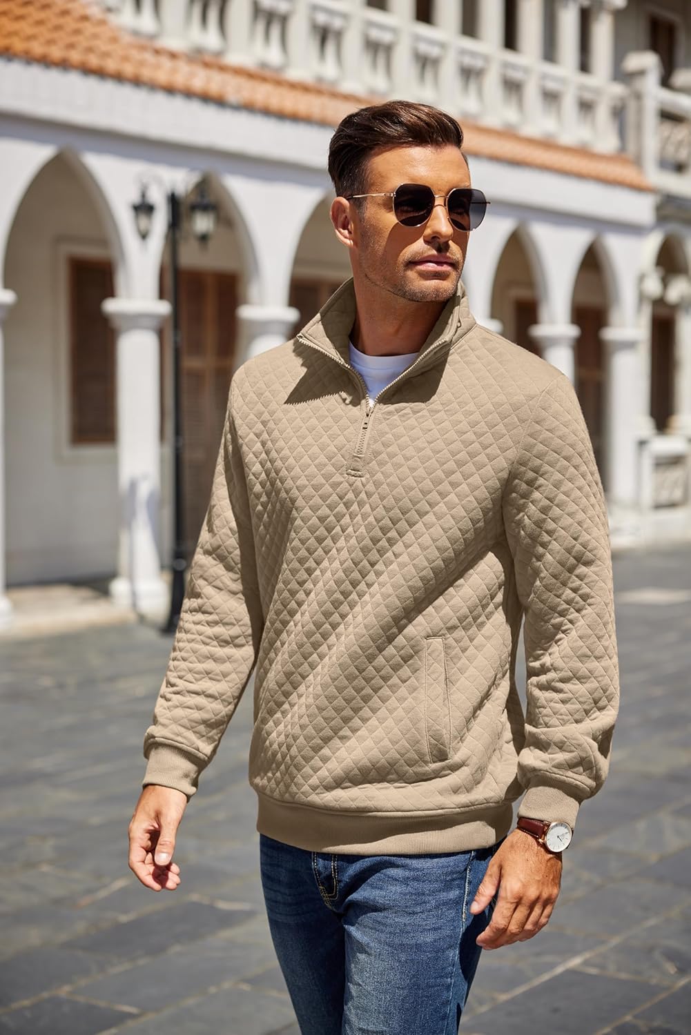 COOFANDY Mens Quarter Zip Pullover Quilted Sweatshirt Knit Long Sleeve Mock Neck Sweater Polo with Pocket - Image 3