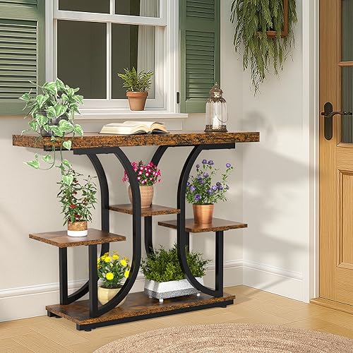 Miniatura 8 de ikkle Mesa de consola de 42.5 pulgadas, mesa industrial de 4 niveles para sofá con base curva, mesas decorativas de madera estrechas con estantes de