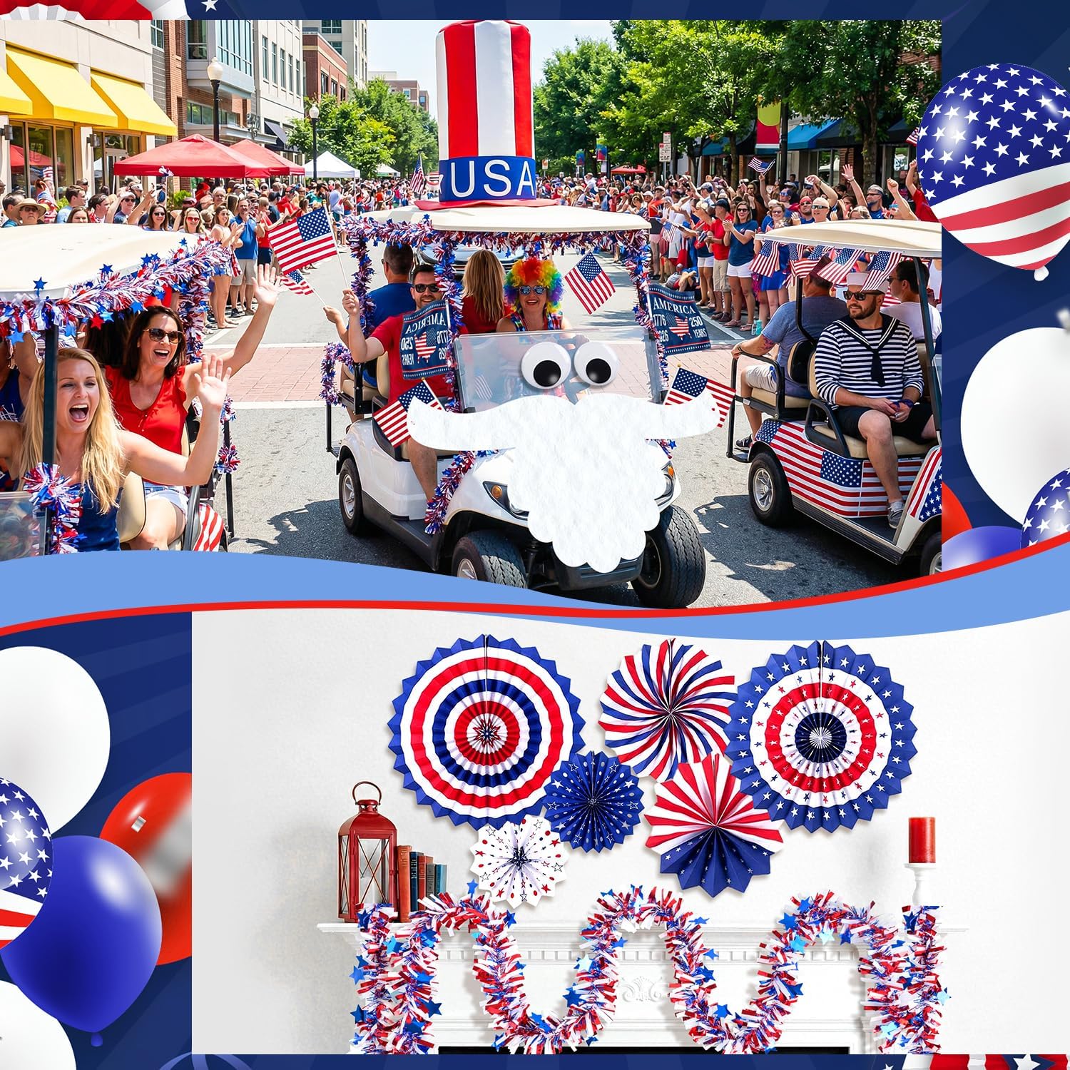 MOVINPE 4th of July Golf Cart Decoration Kit for Parade – Patriotic Car Decorations with Giant Hat, Beard, Tinsel & Flags, Red White Blue Vehicle Decor for Independence Day 250 Years