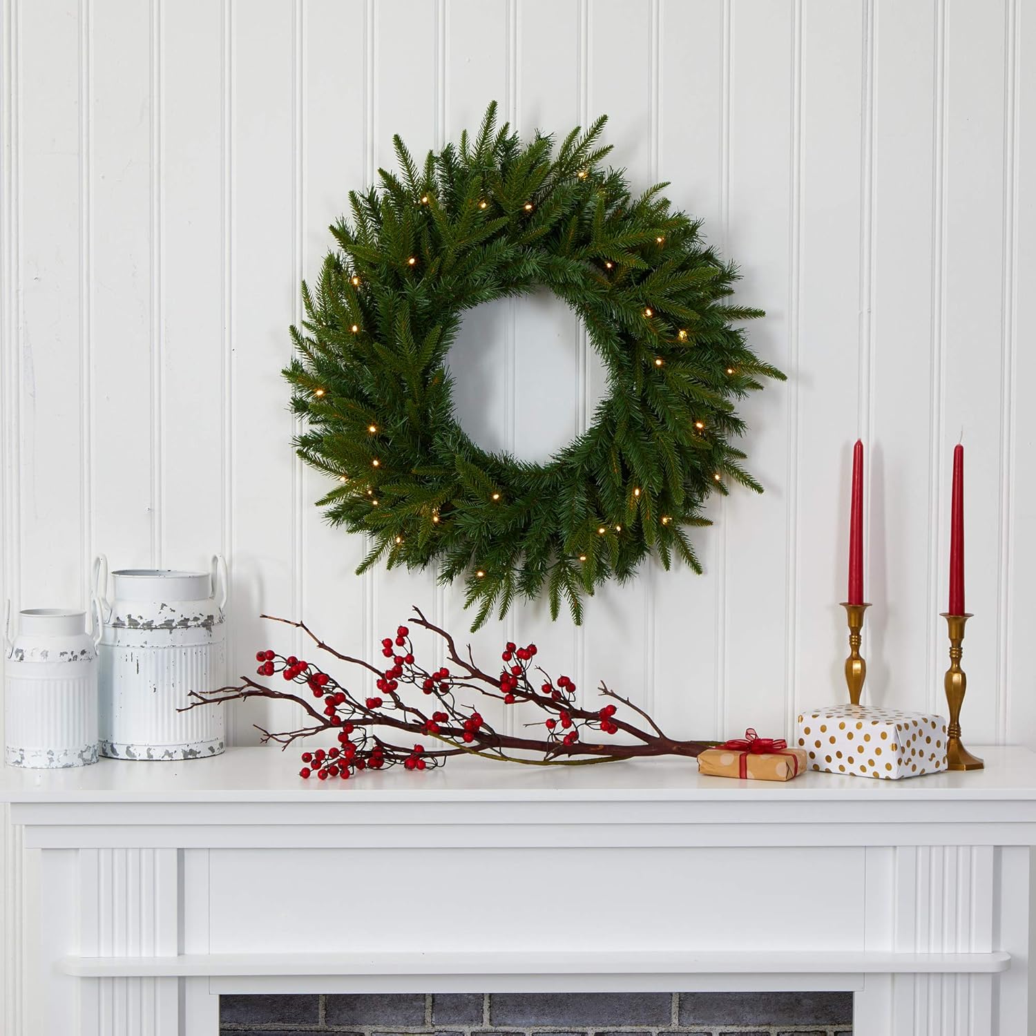 24" Green Pine Artificial Christmas Wreath with Warm LED Lights