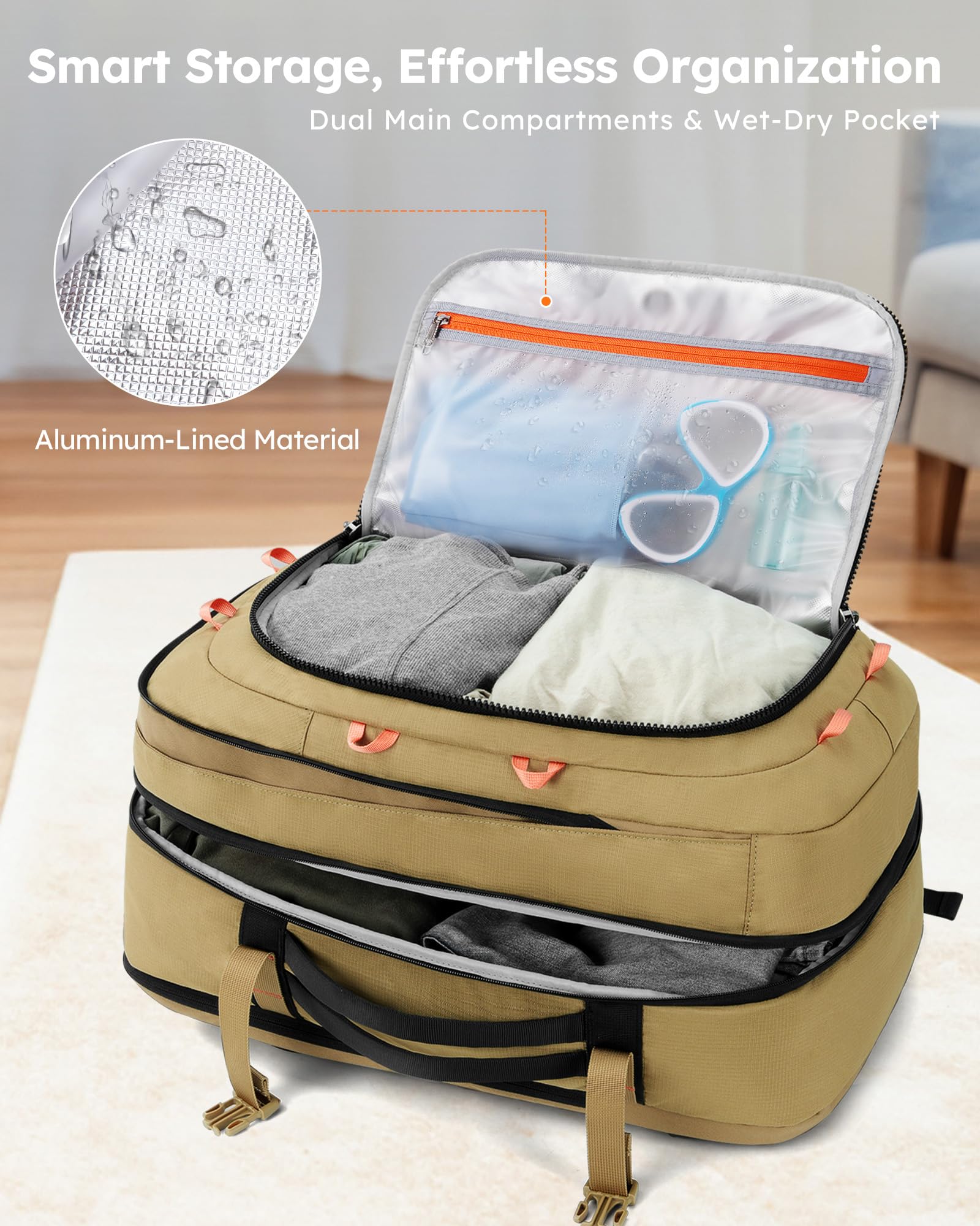 Tolaccea Sac a Dos Voyage Cabine Avion Extensible 45L-50L, Sac à Dos Voyage Imperméable Grand Compatible TSA Antivol, Sac a Dos Ordinateur 17,3“, Sac Cabine Avion pour Homme Femme Voyage, Kaki