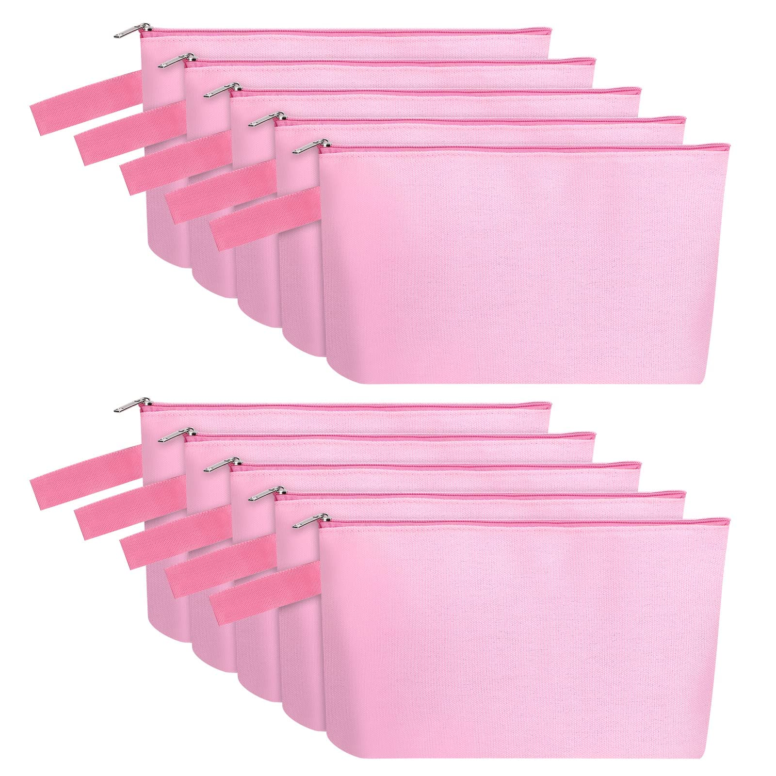 10 Pieces Cotton Canvas Makeup Bag with Bottom and Strap, Multi-Purpose Cosmetic Bag with Zipper Travel Toiletry Pouch, Blank DIY Craft Bag (Pink, S)