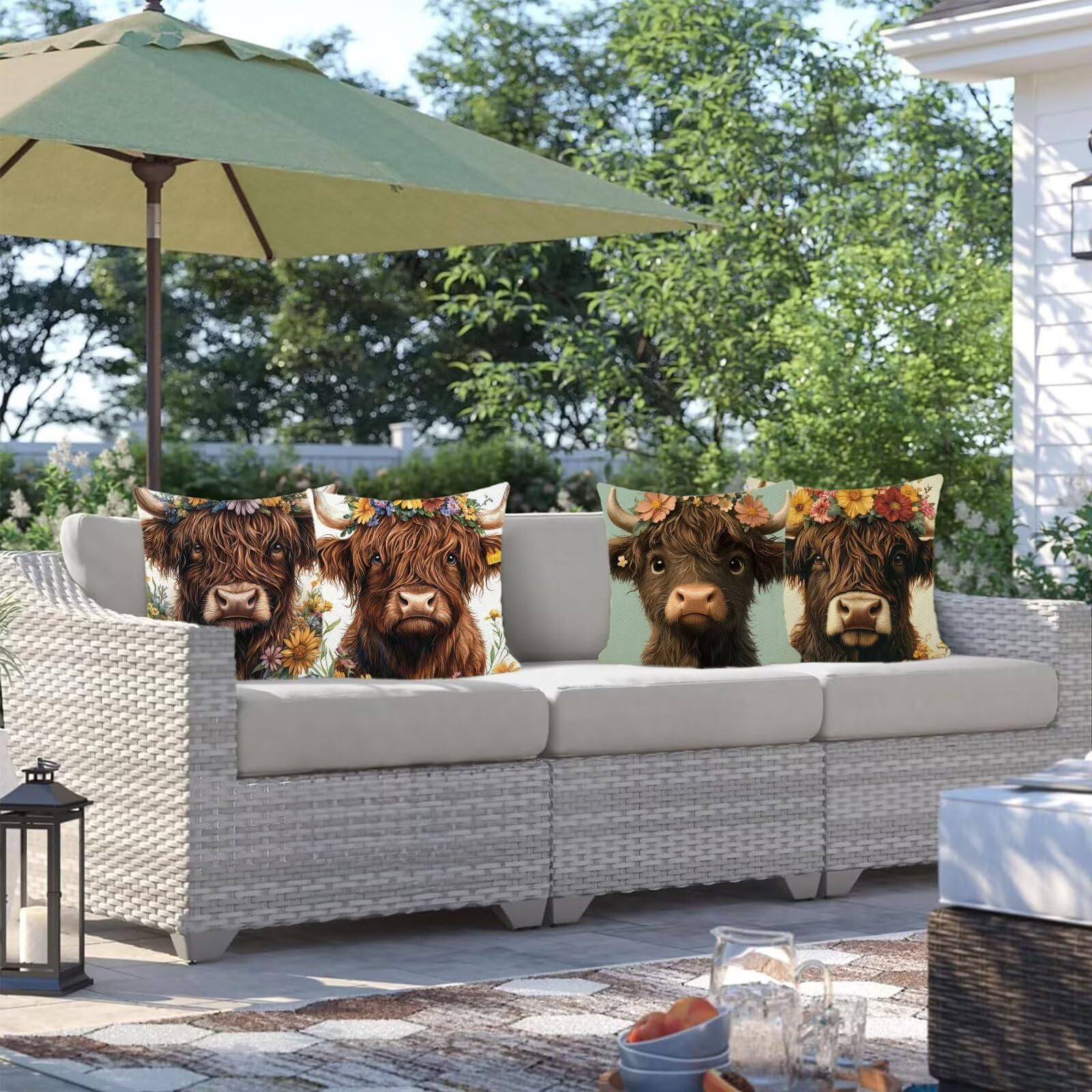 Cuscini Per Divano 50x50cm Set di 4 Cuscini da Esterno Divano Bue Cuscino Esterno Decorativo in Lino Impermeabile Cuscino Letto Amaca da Giardino, Usato Per Sedie, Decorazione Del Giardino Fiore O-6