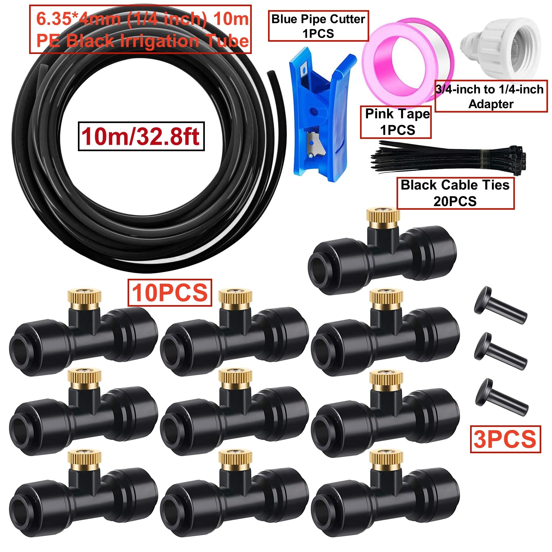 10m Kit d’Irrigation Système avec 10 Buses de Brume avec Joint en T,Système de Refroidissement parbrumisateur par Brouillard pour Jardin,Serre(Noir）