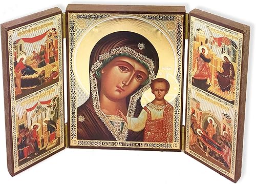 Tríptico plegable de la Virgen de Kazán con los días de fiesta 4 34"