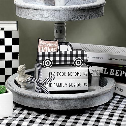 Miniatura 4 de Jetec 4 piezas de decoración de mesa de madera de granja, decoración rústica de bandeja escalonada para el hogar, centro de mesa blanco y negro,