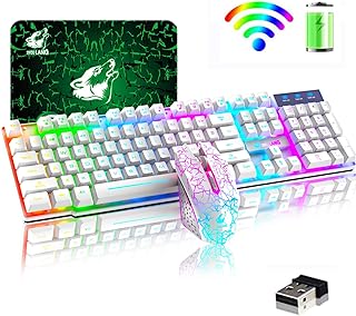 Wireless Gaming Keyboard and Mouse Rainbow Backlit 2.4G Rechargeable 3800mAh Battery 104 Keys Light Up Keyboard 2400DPI 6 Buttons Optical Rainbow LED Gaming Wireless Mouse + Mouse Pads for PC Laptop