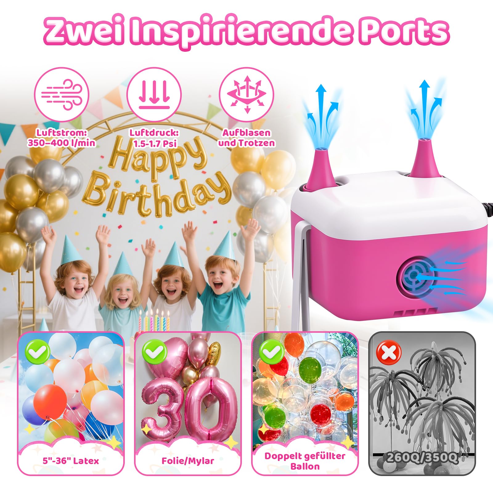 Luftballonpumpe Elektrische, 3-in-1 Elektrische Luftpumpe CEE 7/16 Stecker, Ballonpumpe mit 2 Luftdüsen zum Aufblasen/Entleeren von Poolschwimmer, Luftmatratzen und Luftballons für Dekorationen Party