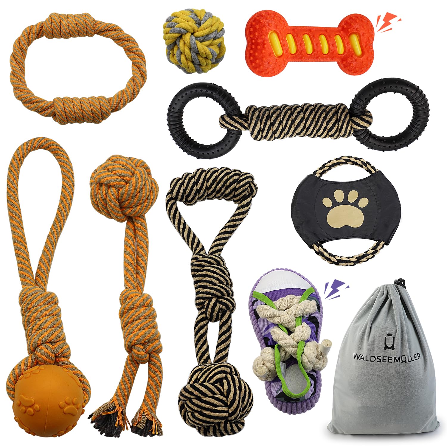 Waldseemüller Hundespielzeug – 9er-Pack Hundespielzeug für kleine und mittlere Hunde, Seil-Kauspielzeug-Set gegen Langeweile, interaktiver Ball für Welpen mit Aufbewahrungstasche