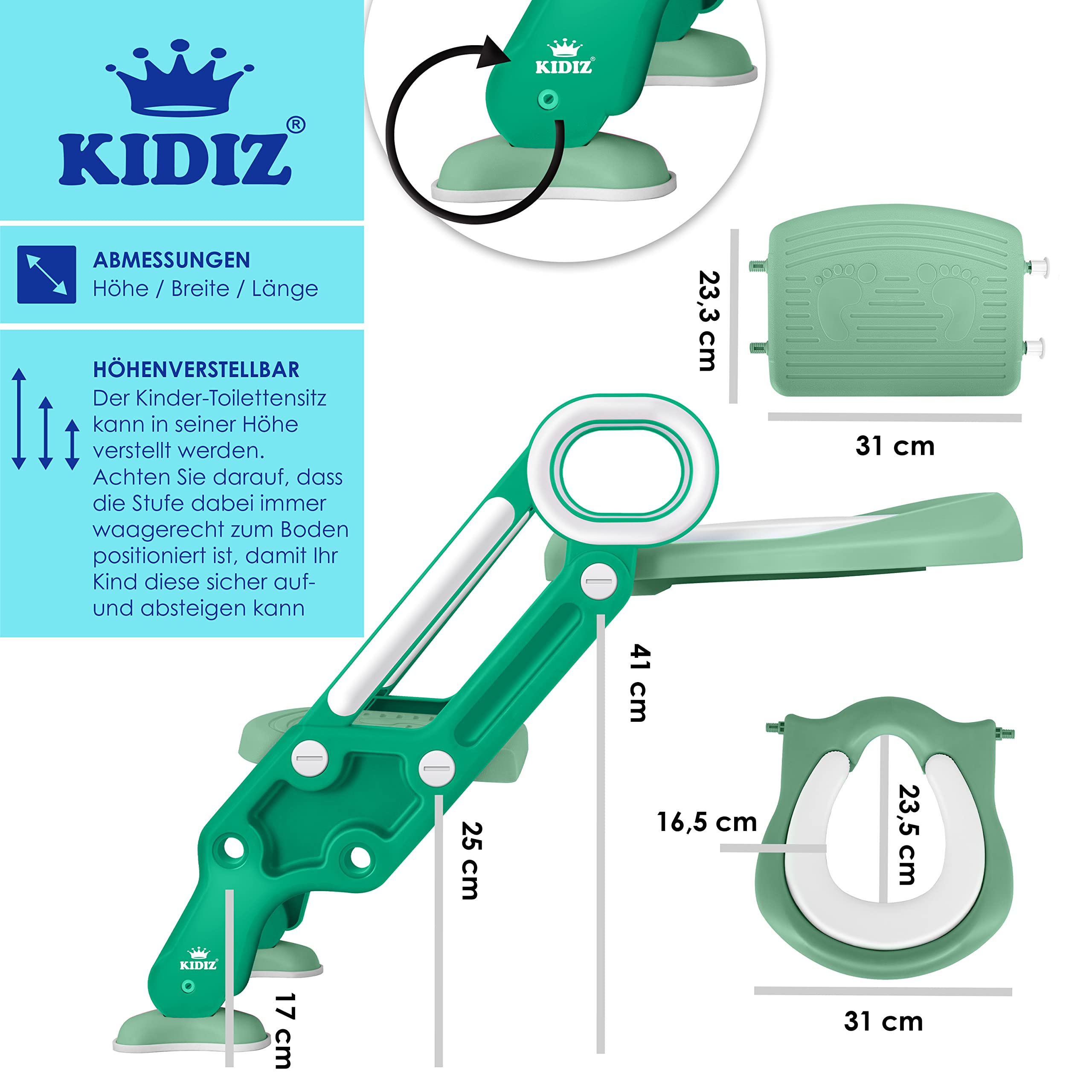 KIDIZ® Sedile del water per bambini Trainer per wc con scale e maniglie wc pieghevole per bambini Sedile del water Trainer per vasino Vasino per l'apprendimento cuscino comodo e ampi gradini, verde