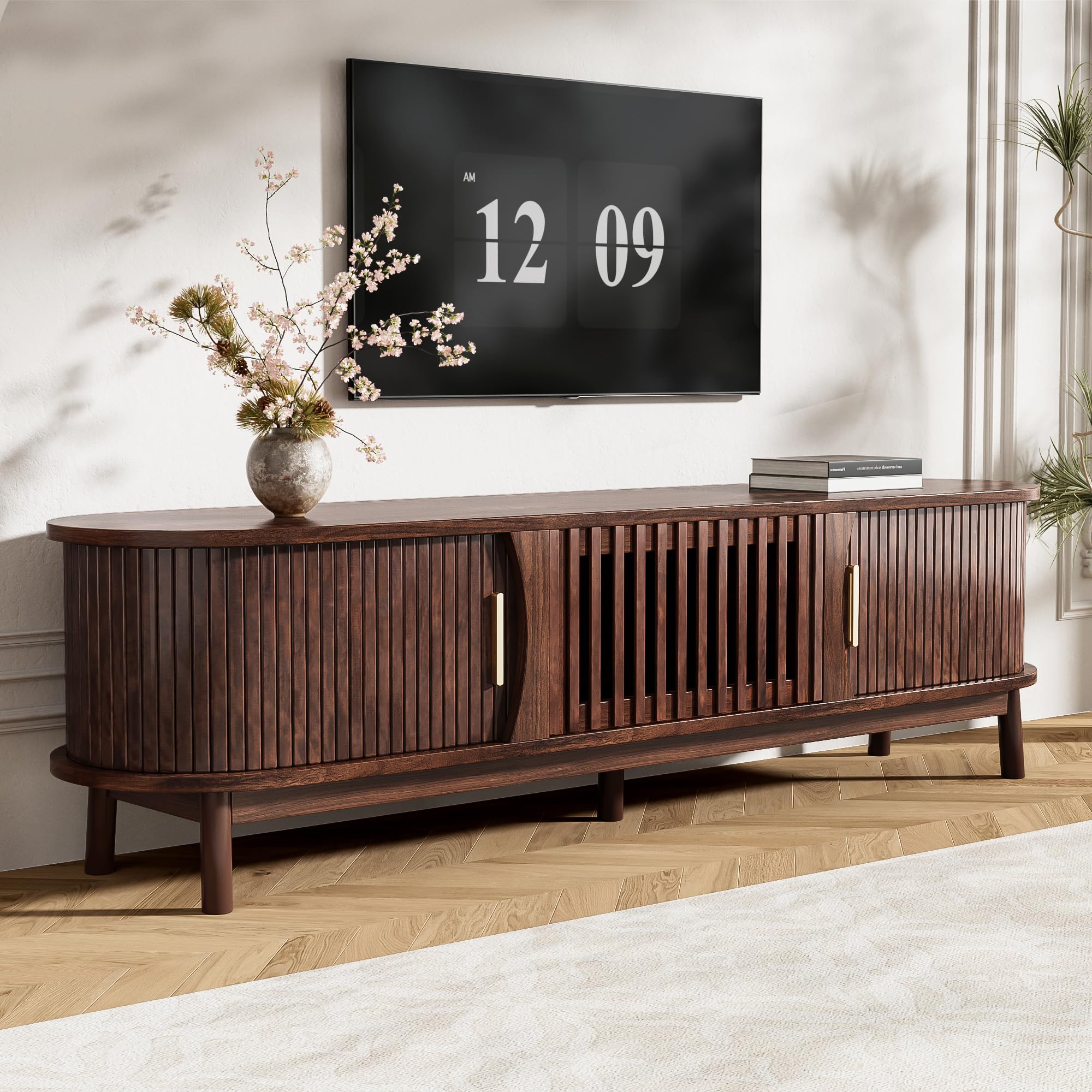 Virubi Mid Century Modern TV Stand for TVs up to 75”, Fluted Entertainment Center, Media Console with Tambour Sliding Doors and Grill Flip-Down Door,