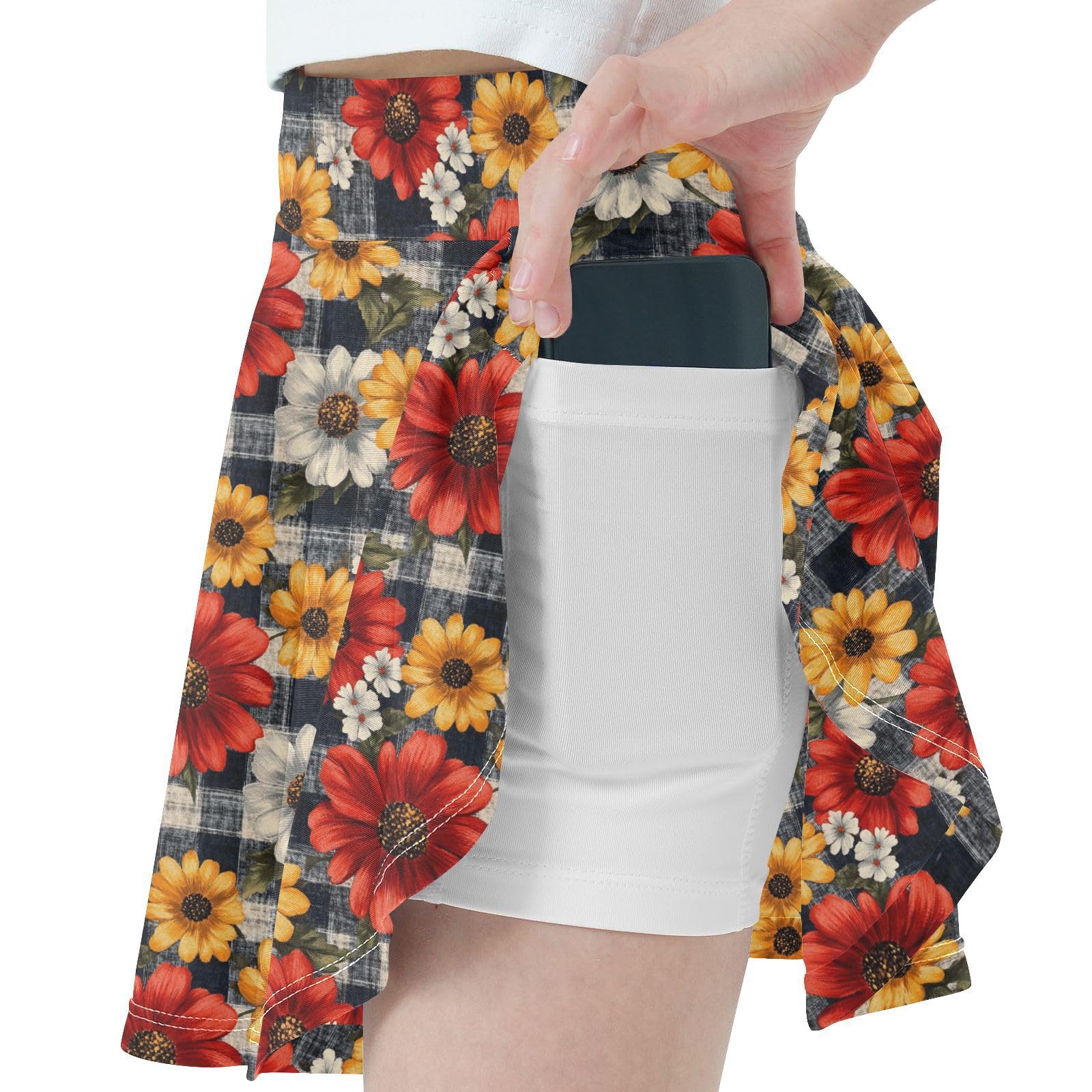 Floral with Plaid Flowy Girls Tennis Skirt with Built-in Shorts Pleated Skirts for Kids Little Girl SkirtsWith Pockets