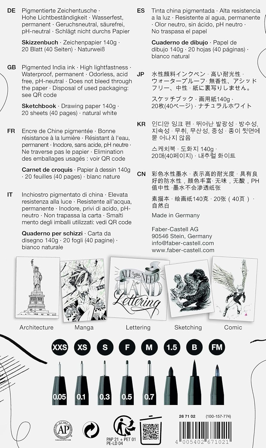 Faber-Castell 267102 Sketch Set 9 Pieces with Sketch Book and Ink Pens Pitt Artist Pen