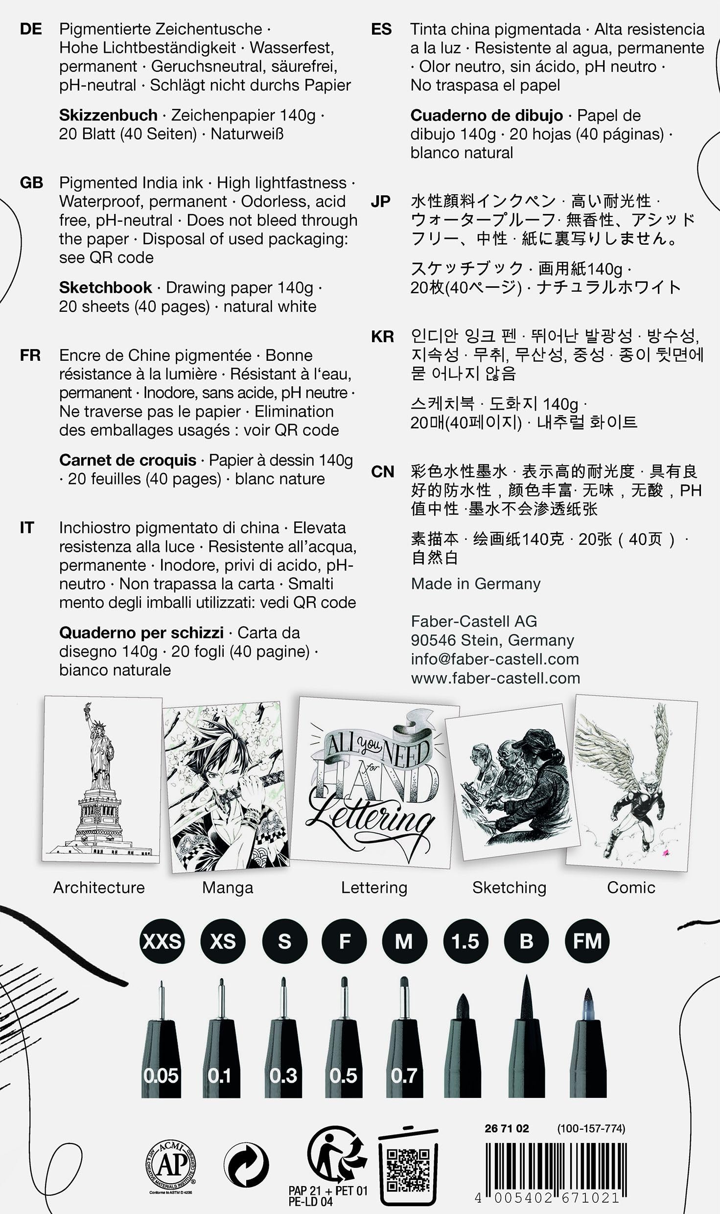 Faber-Castell 267102 - Set da disegno da 9 pezzi, con album da disegno e penne a inchiostro Pitt Artist Pen