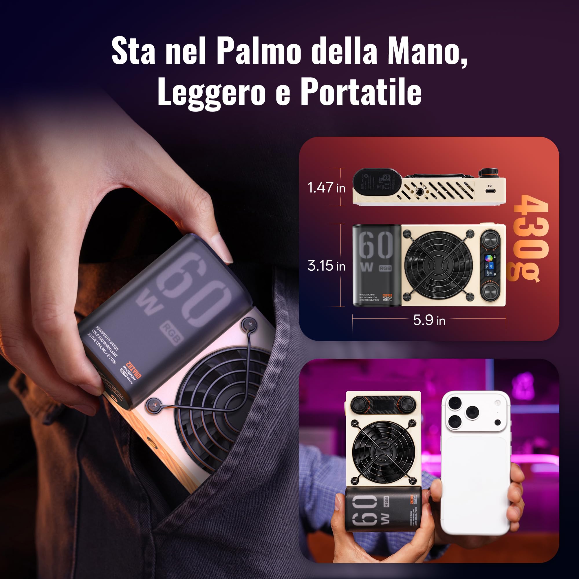 ZHIYUN FIVERAY M60 Ultra 60W RGB Luce Video [Ufficiale] Luce Portatile per Fotocamera con Cold Shoe, Magnetic Mount, Controllo APP&Padrone-Schiavo, 2500K~10000K, per DSLR Foto Illuminazione, 430g