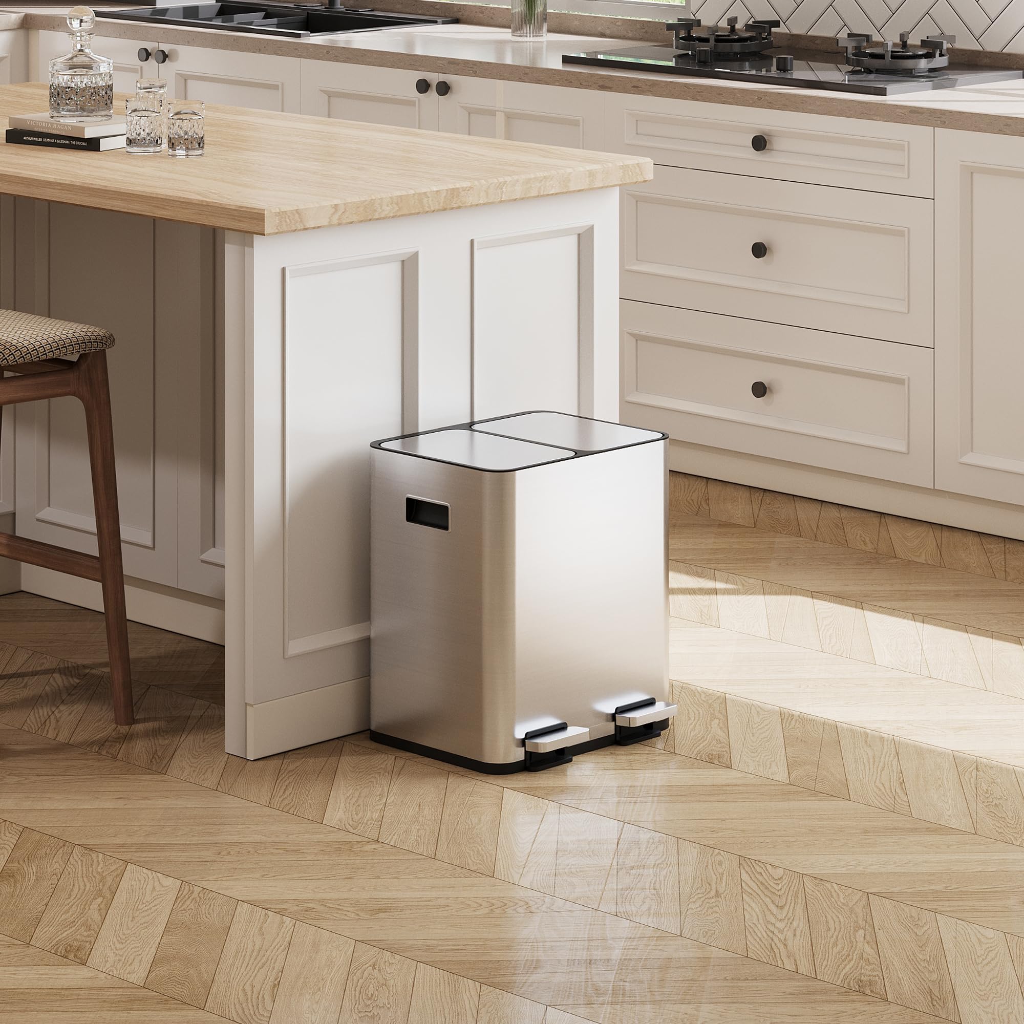 WLIVE Poubelle de Cuisine 30L avec 2 compartiments, Bac de Tri Sélectif, Acier Inoxydable, Pédale Mains Libres, Anti-Odeurs, Design Compact, Gris