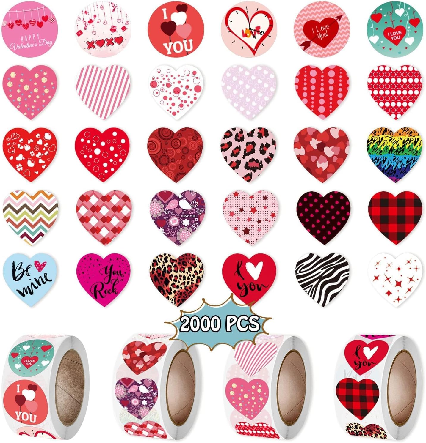 PARTYWIND Valentines Day Heart Stickers, 2000 PCS Self-Adhesive Waterproof Stickers for Scrapbooking/Envelopes, 4 Rolls (8 Designs), Red, Paper, Heart, Modern Style