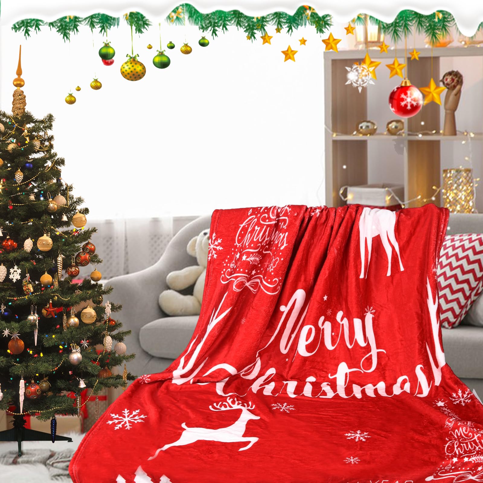 TSLBW Manta de Felpa de Franela Sherpa con Estampado de Copos de Nieve, Alce, árbol de Navidad, Suave y esponjosa Manta de TV para sofá y sofá en Vacaciones de Navidad 100 x 150 cm