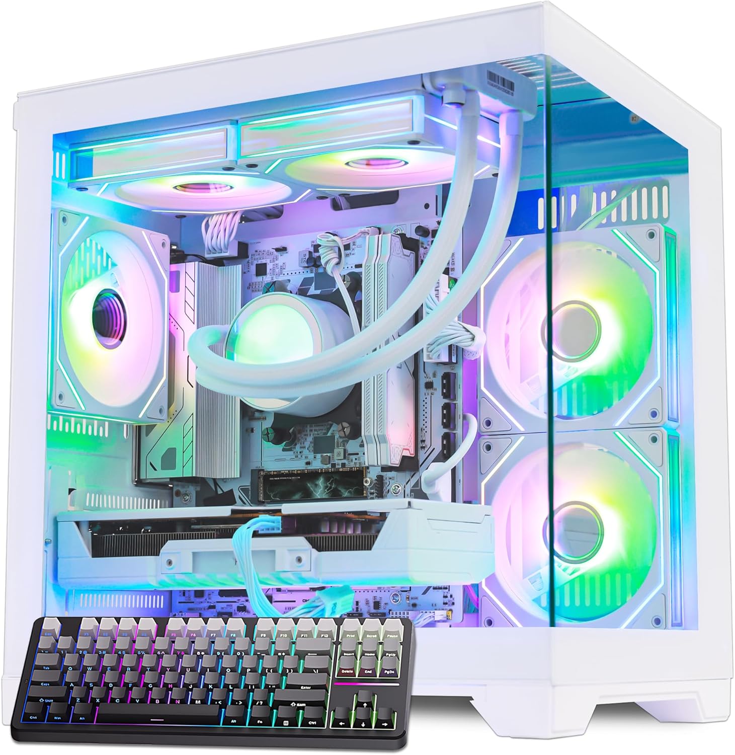 White Gaming PC with Gaming Keyboard | AMD Ryzen 5 9600X & GeForce RTX 5060 | 32GB DDR5 | 1TB NVMe SSD | Liquid Cooled | WiFi 6 | Windows 11 | 650W PSU | Ready for 1440p Gaming