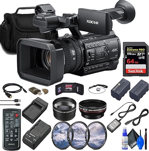 Sony Videocámara PXW-Z150 4K XDCAM (PXW-Z150) + tarjeta de memoria de 64 GB + kit de filtro + lente gran angular + lente de teleobjetivo + bolsa +