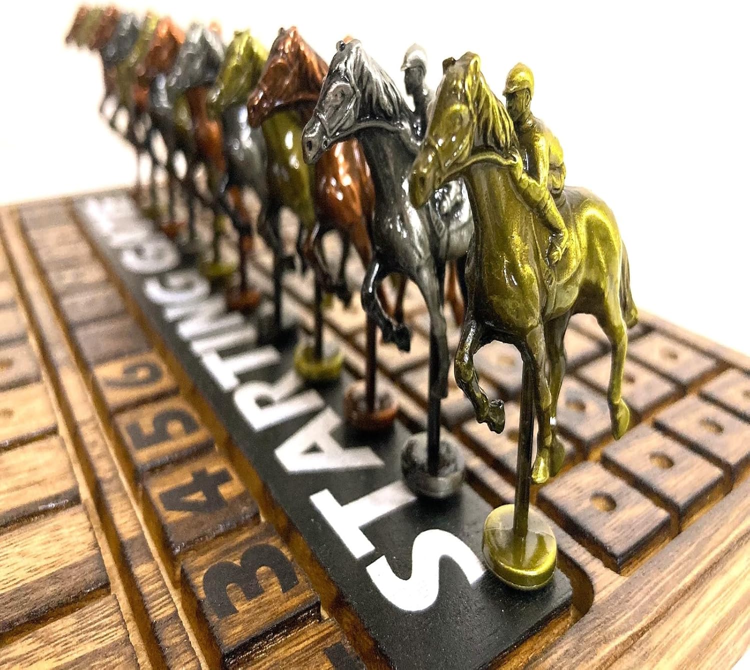 Horse Racing Game for Adults, Horse Race Board Game with 11 Luxurious Antique Durable Metal Horses(Bronze, Brass, Silver), 19” Wood Horse Race Game Board, Dice & Card Included (Log)