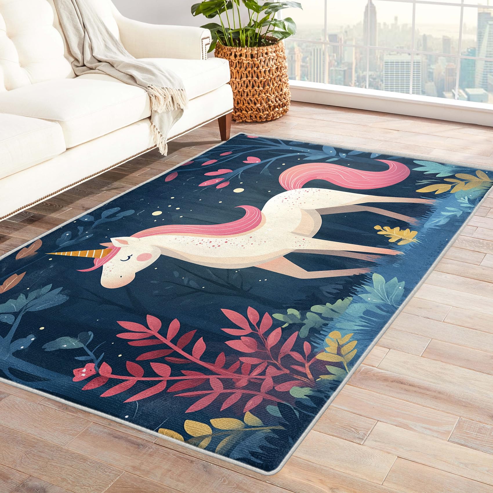 Kcepzhyxl Cute Unicorn Rugs for Bedroom, Fantasy Animal Plant Rug for Living Room, Botanical Area Rug 4x6, Unicorn Rug, Non Slip Washable Rug - 4 x 6