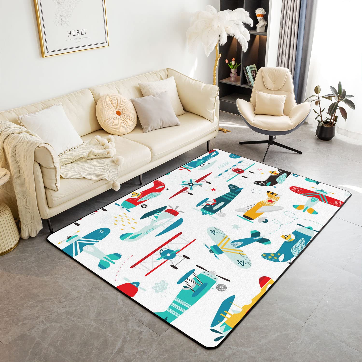 Homemissing Airplane Area Rug 100x150cm Cartoon Airplane Pattern Living Room Rugs For Bedroom Home Decor Construction Vehicles Carpet Ultra Soft Non-Slip Indoor Floor Mat