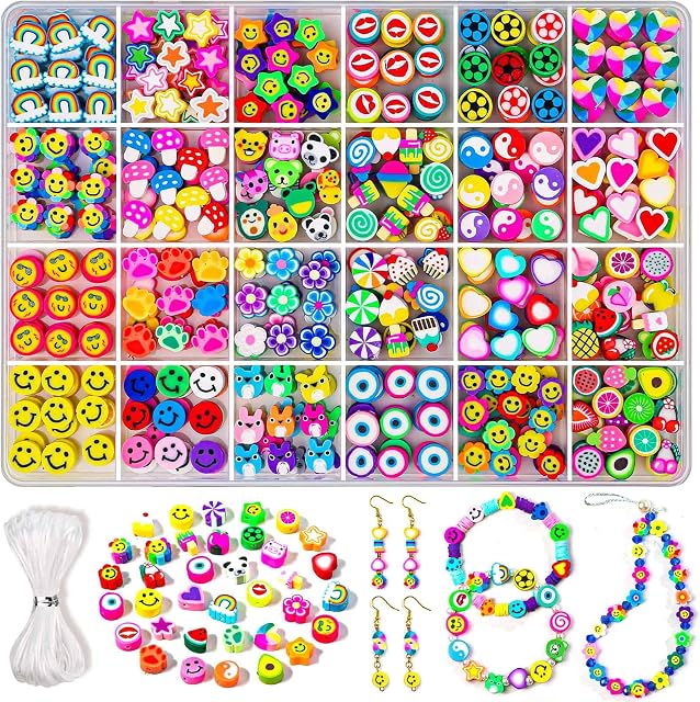 360 Pcs Fruit Flower Polymer Clay Bead Charms for Bracelets and Jewelry Making, 24 Styles Trendy Cute Smiley Bead Kit for Bracelets Jewelry Necklace Earring Making with Elastic String