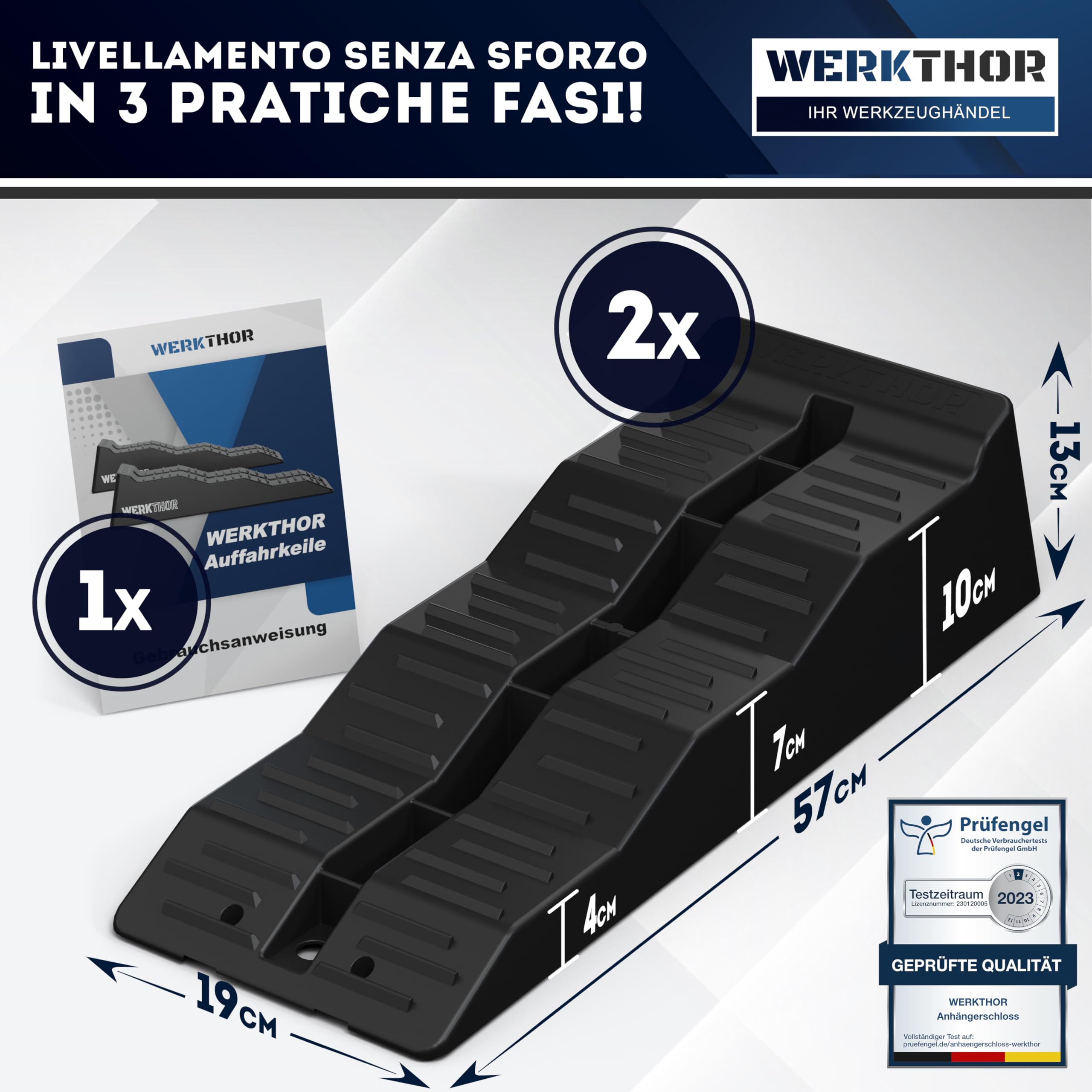 WERKTHOR Cunei per Camper [Nero Set 2 Pezzi] | Cunei Livellatori Camper fino 5T per Roulotte Van | Pedane Auto Sollevamento Resistenti Antiscivolo Ogni Superficie