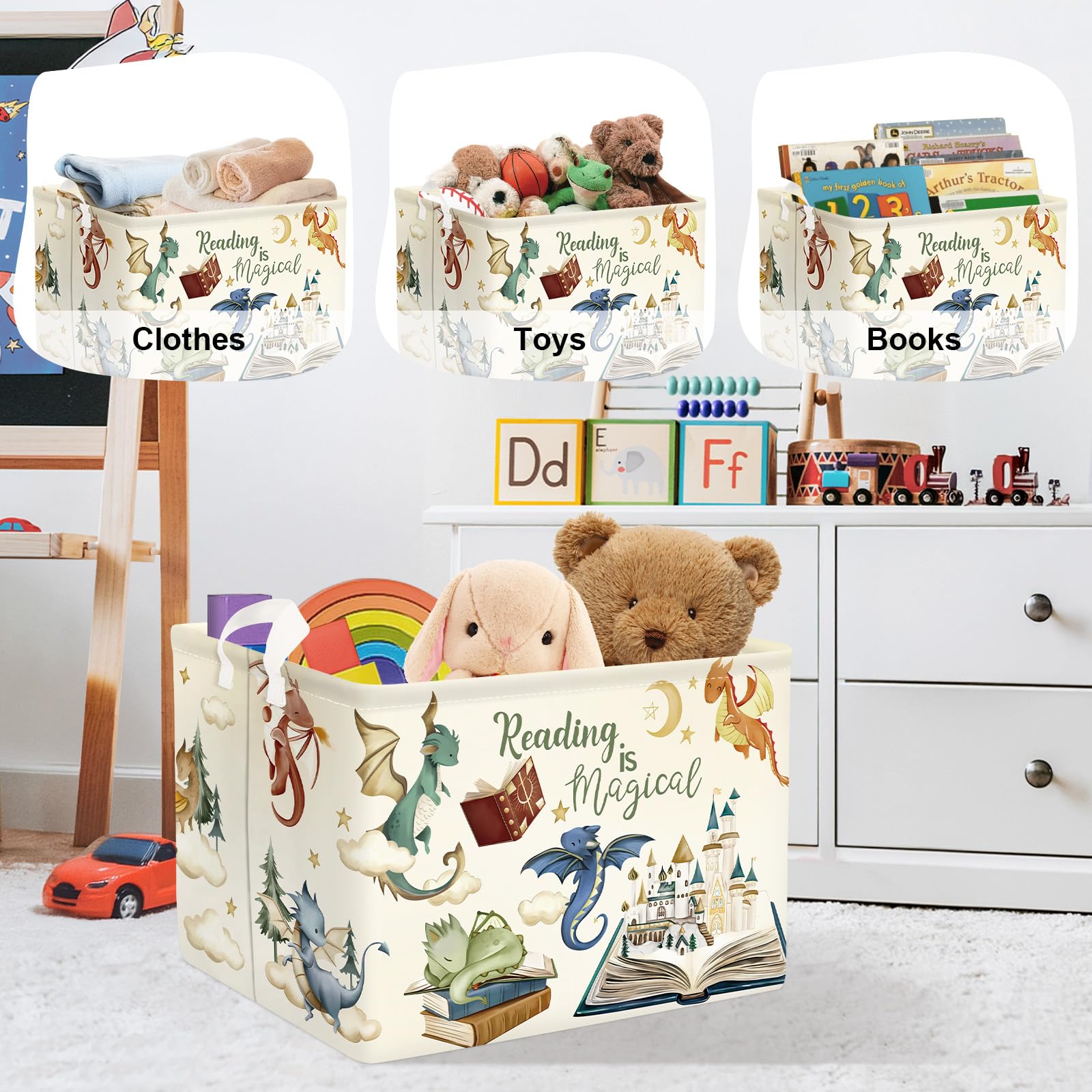 Grande Cesta Porta Biancheria Dinosauri Carini Pieghevole Cestini Portaoggetti Giocattoli Vestiti per Bambino Cesta Indumenti Sporchi per Bagno,Libri magici,36L