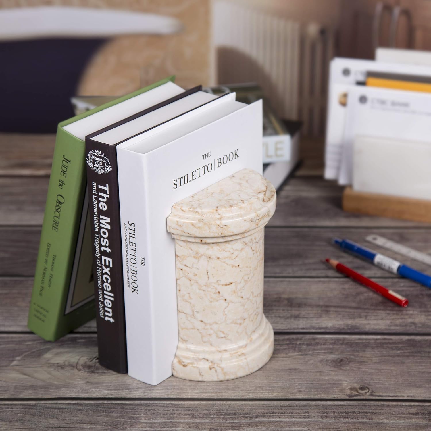 Creative Home Natural Champagne Marble Set of 2 Pieces Bookends Book Holder for Home Decoration Office Shelf Organizer, Saganaw Style, Begie, 4" x 2" x 5.9" H