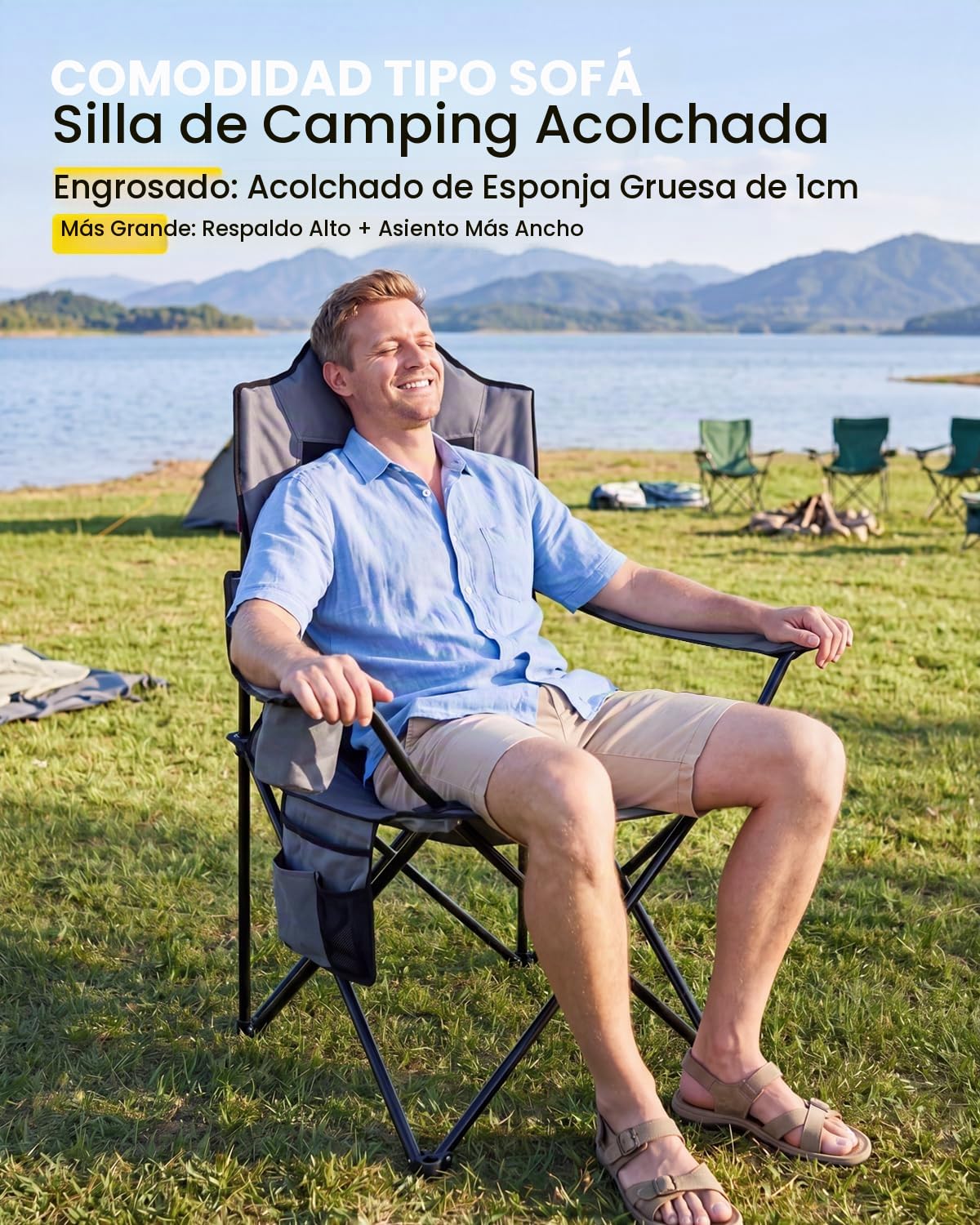 YEAUPE PRO Silla de Camping Plegable, Sillas de Pesca, hasta 150 kg, L | Respaldo Alto, con Portavasos y Bolsa de Transporte, Silla Exterior para Camping, Playa, Jardín y Pesca