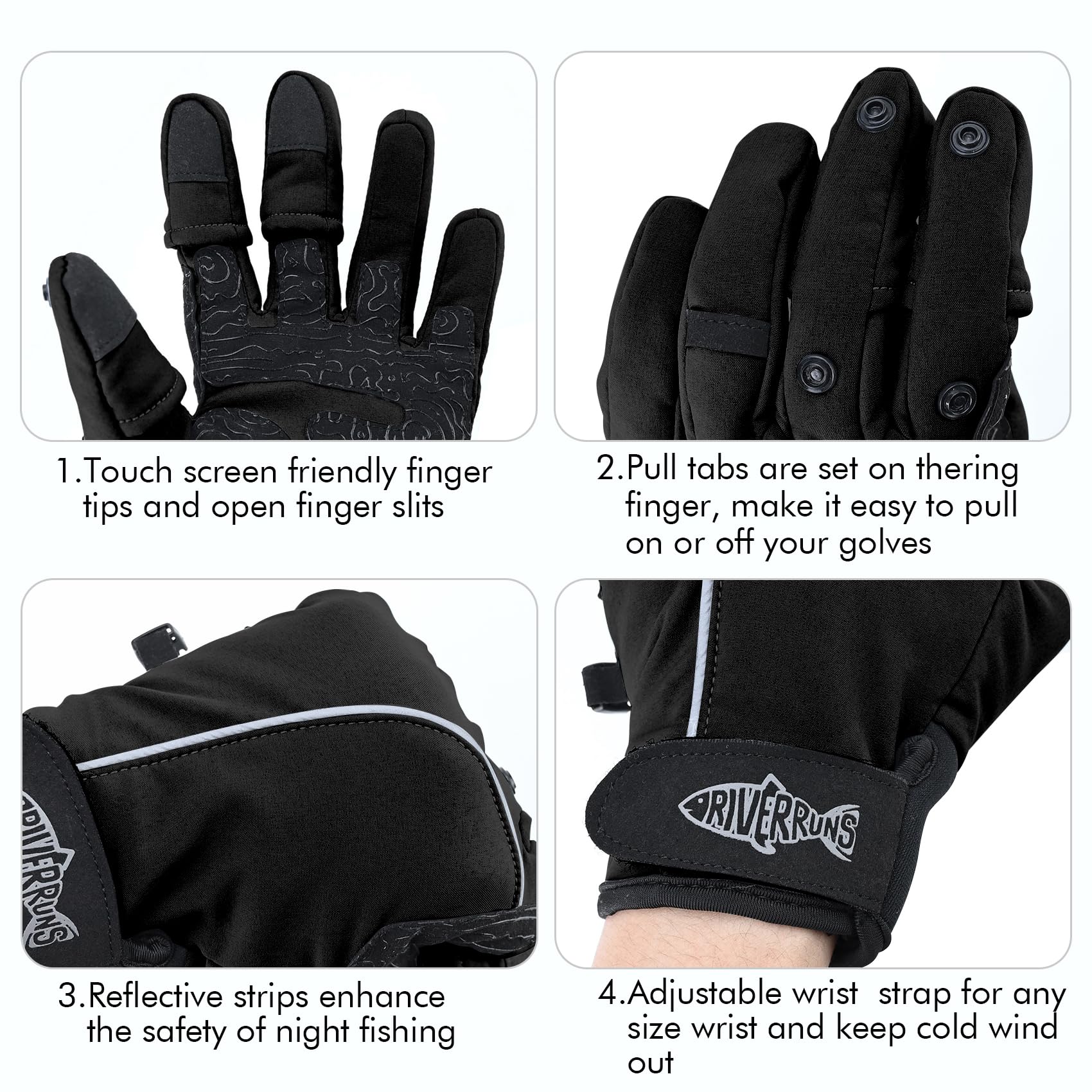 Riverruns Flexible Fishing Gloves Fleece Lining Windproof Ice Fishing Gloves Water-Repellent Touchscreen 3 Cut Fingers