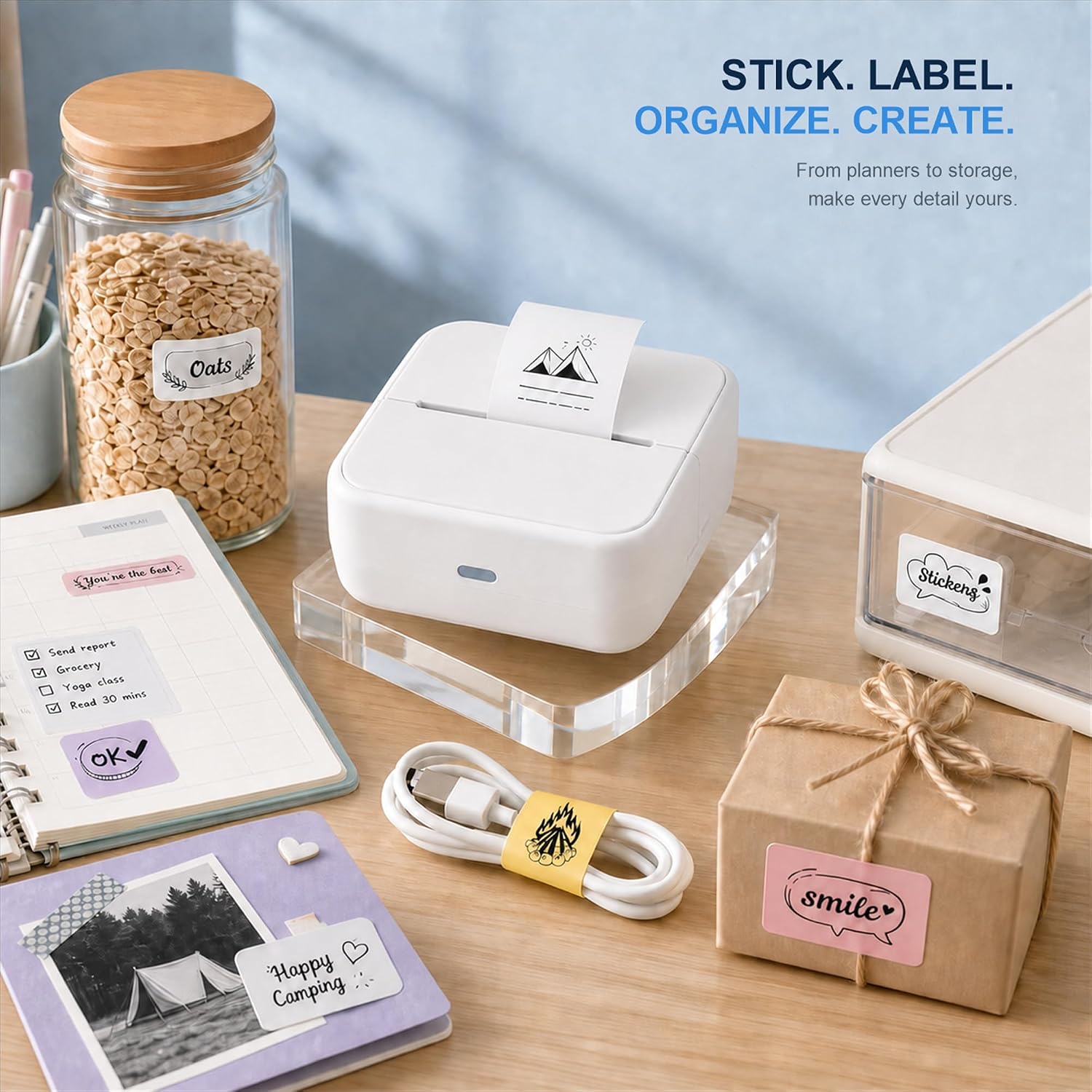 Label Maker Machine with Tape - Mini Sticker Printer Bluetooth Label Printer for Home Office Organization, Wide Waterproof Labels, Portable Thermal Sticker Maker (White) image 2