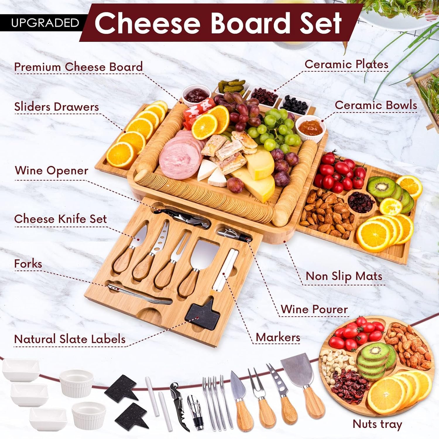 Charcuterie Boards Gift Set Bamboo Cheese Board and Knife Set, Cheese Tray Magnetic Charcuterie Boards Set, 15 x 13 x 2 Inch for Cheese Meat Fruit Gift for Birthdays Wedding Registry Housewarming - Image 3