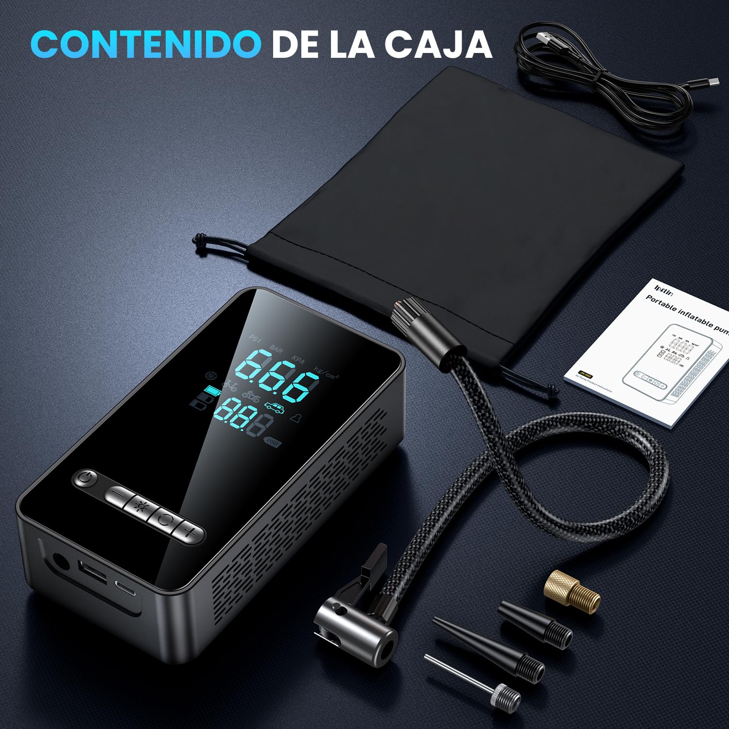 Inflador Ruedas Coche - Compresor Aire Portatil 150PSI con Linterna y Batería Recargable - para Coches, Motos, Bicicletas | Manómetro Digital | SOS Emergencia y Carga USB para Viajes Familiares — view 8