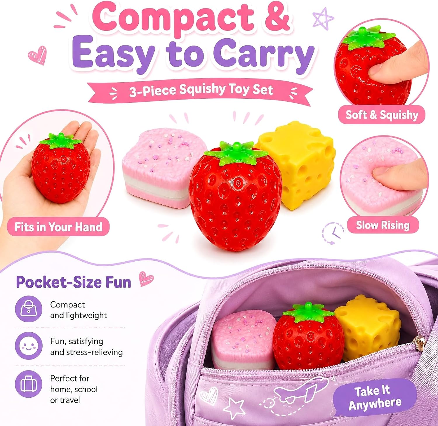 3 Pack Strawberry Cheese Cake Squishy Toys, Food Squishies Fidget image 2