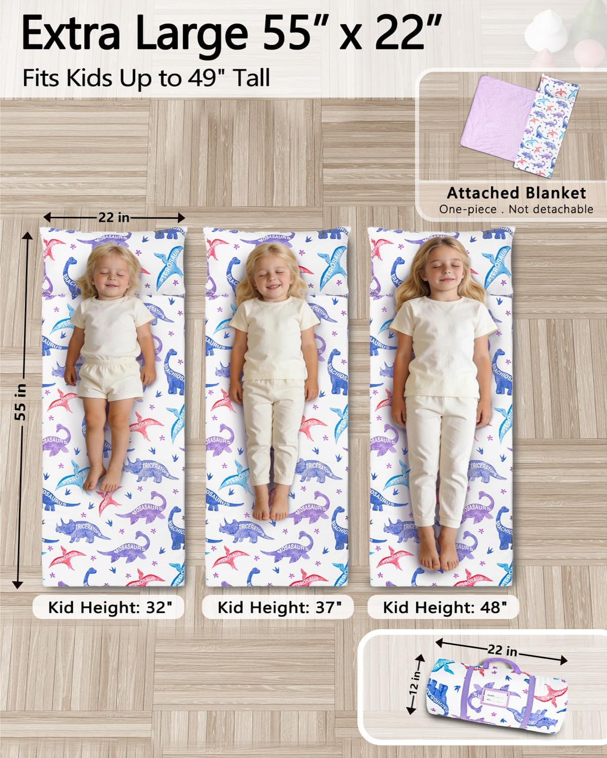 Primlect Toddler Thickened Foam Nap Mat with Pillow, Extra Large 55"x35", Soft, Supportive Sleeping Bag with Detachable, Washable Cover, for Sleepover, Home, Travel, Boys and Girls