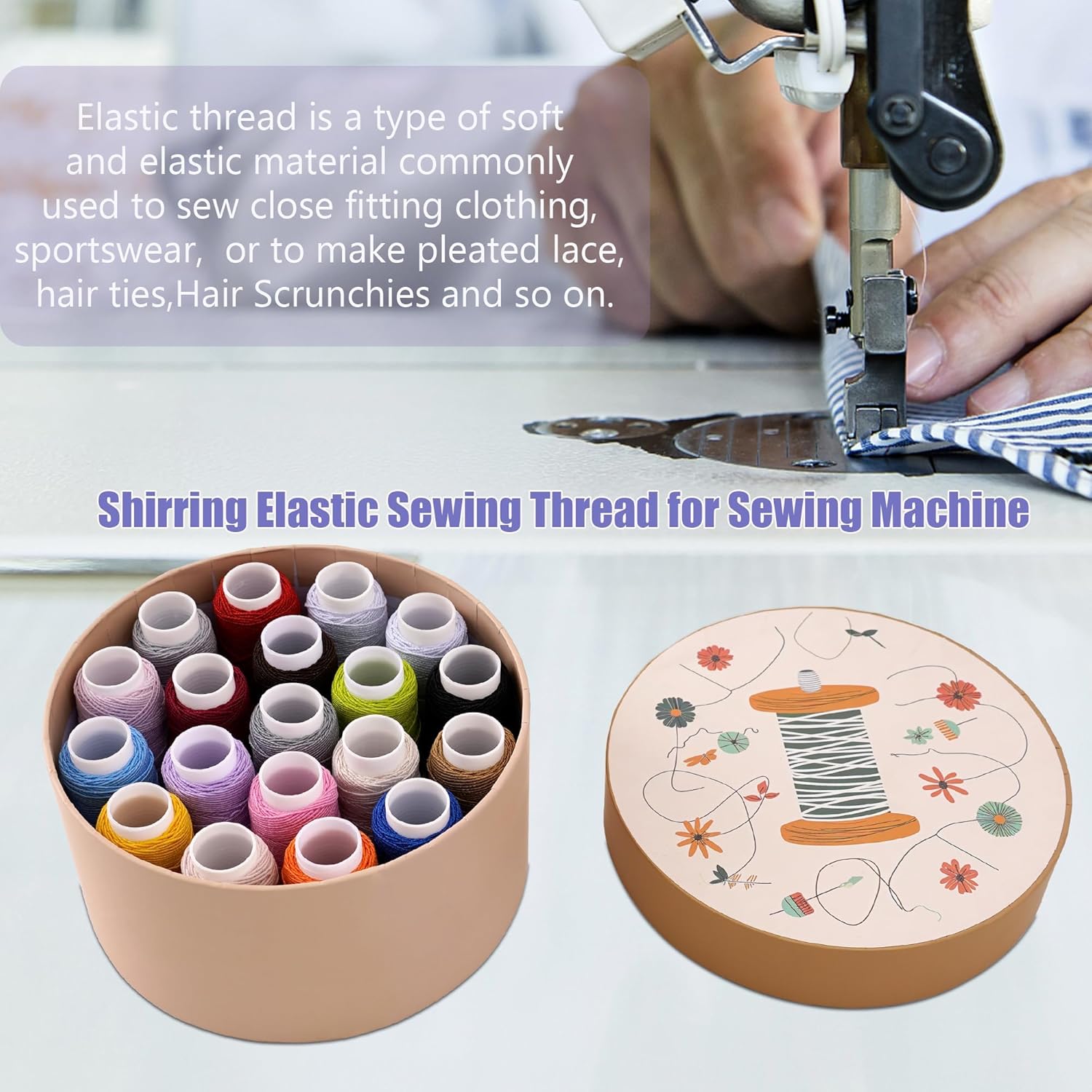 Connimonet 19PCS Elastic Thread for Sewing,0.6mm,20m Each Spool,Shirring Elastic Sewing Thread for Sewing Machine,Serger,Overlock Machines Quilting Knitting,Weave,DIY