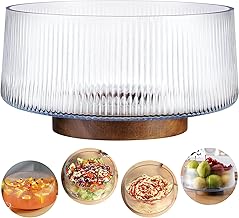 NiHome Extra Large Glass Salad Bowl with Natural Acacia Wood Base, Ribbed Design Oversized Capacity for Family Dinners, Parties & Gatherings, Multipurpose for Serving Salads, Fruits, Wine
