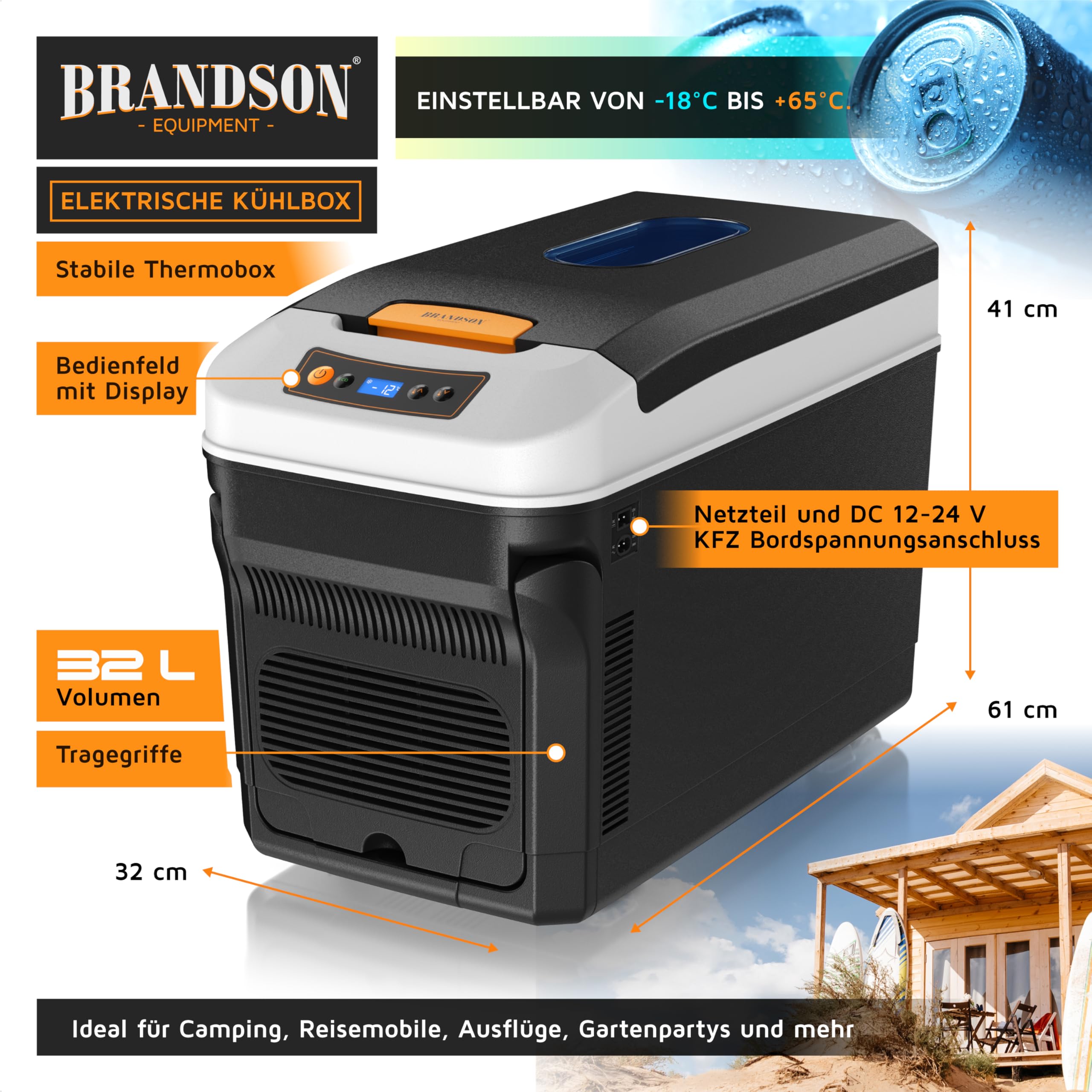 Brandson - Kühlbox 32 Liter elektrisch – Thermobox – 12v 230v – kühlt und wärmt – mit Kfz-Anschluss – extra leiser ECO Modus – für kalte und warme Speisen – für zu Auto Boot Camping Garten u.v.m.