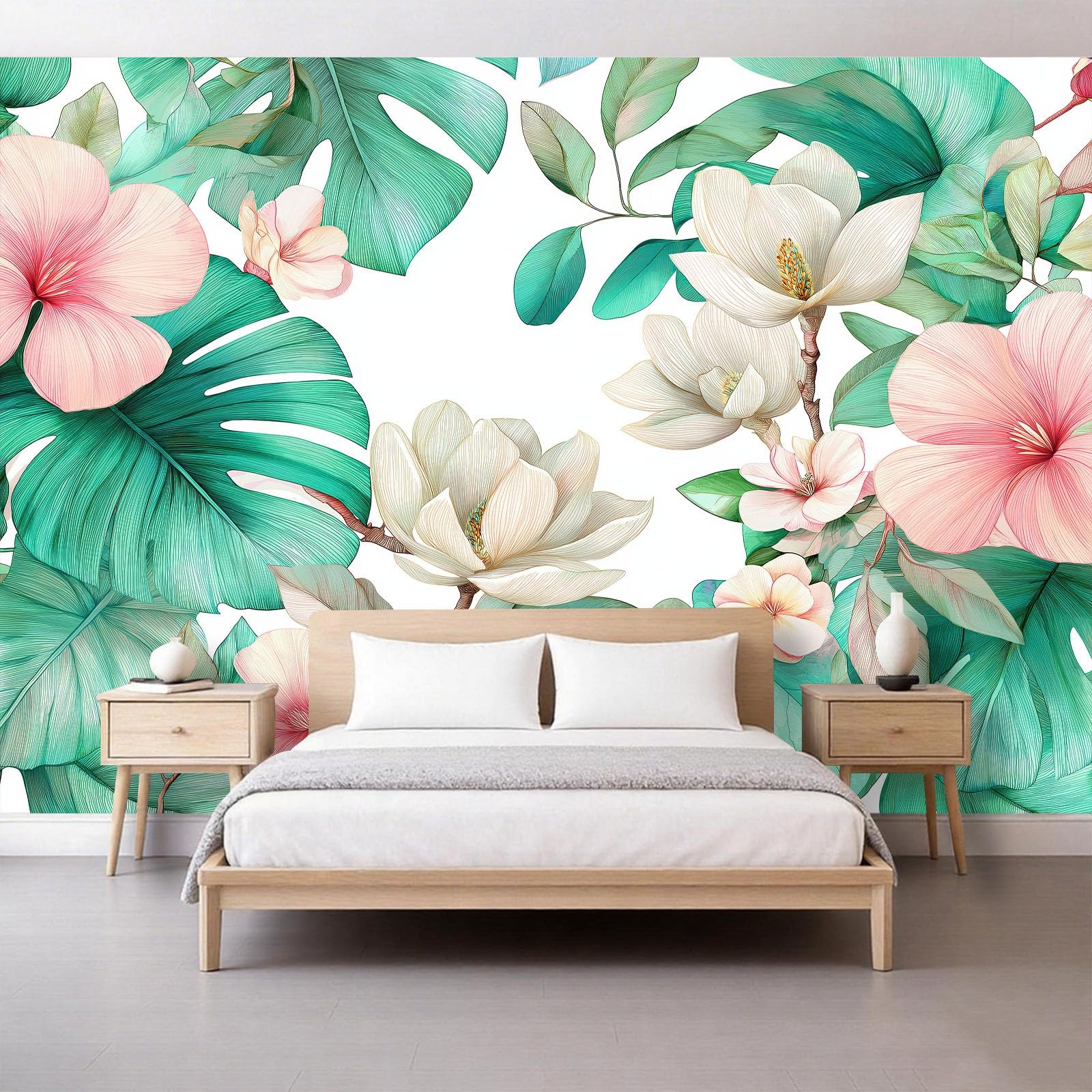 200 x 140 cm niebiesko-biała tapeta do pokoju dziecięcego, przedstawiający kwiaty Magnolia Liście Monstera Mural XXL plakat obrazy ścienne gobelin zdjęcie Trompe l'oeil do sypialni salonu kuchnia
