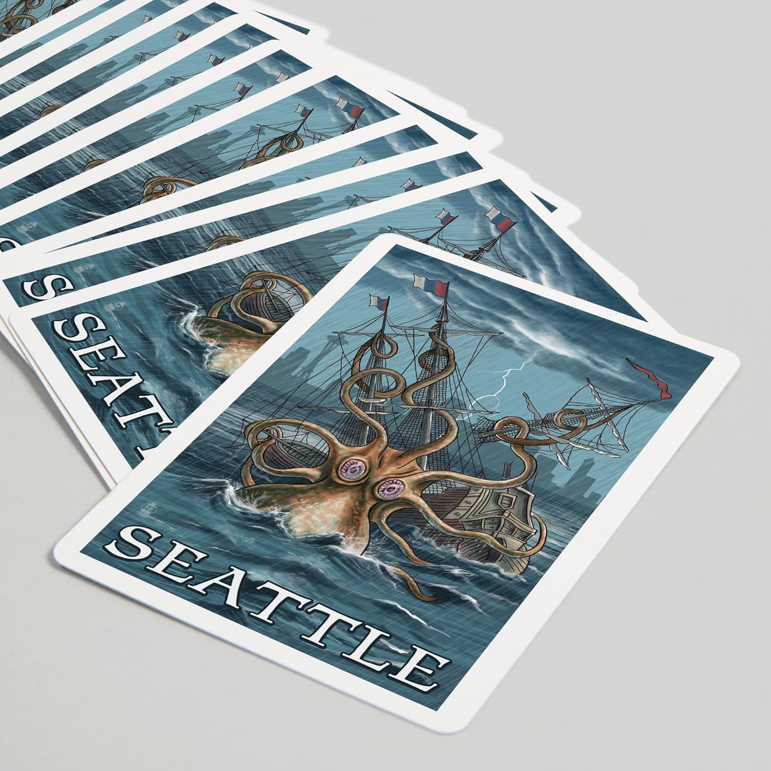 Lantern Press Seattle, Washington, Kraken Attacking Ship, 52 Playing Cards for Adults, Poker Size Card Deck