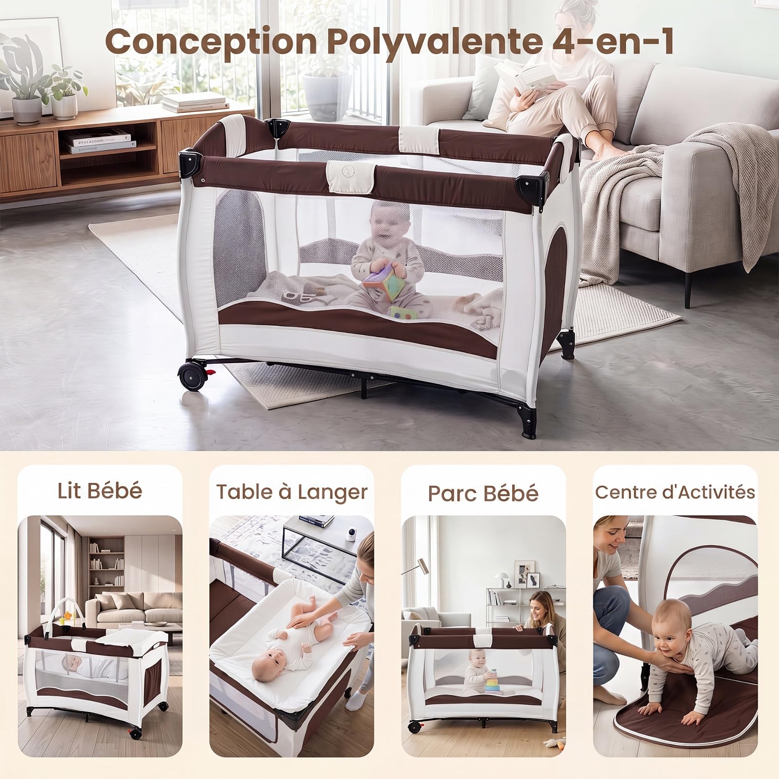 COSTWAY 4 en 1 Lit Parapluie Bébé Pliable avec Matelas (Marron)