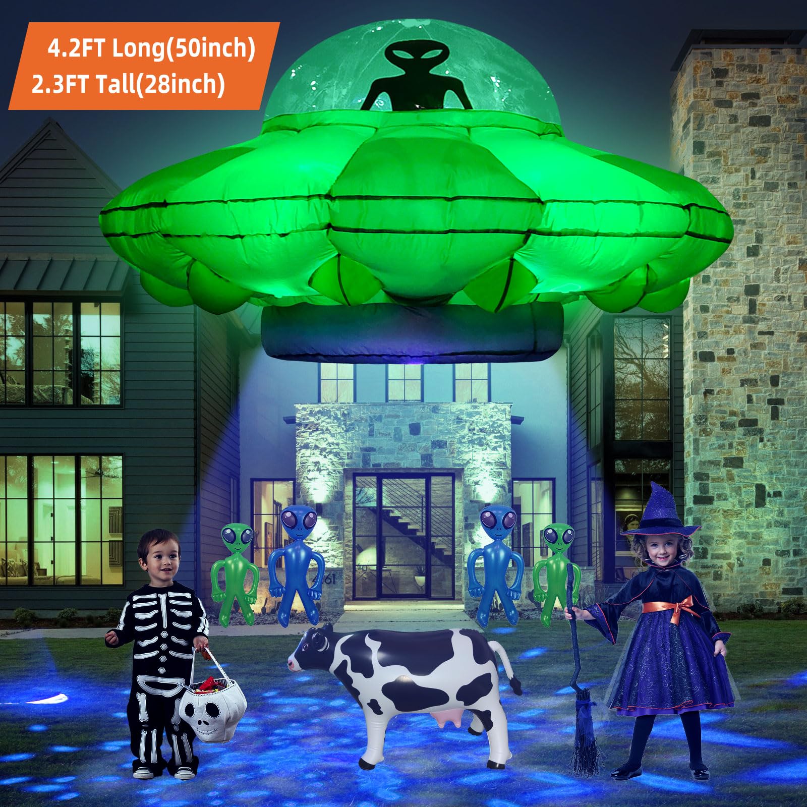 Dekoracje imprezowe z motywem kosmitów, 10 m, wiszące UFO krowa uprowadzenie nadmuchiwanego obcych nadmuchiwane UFO Halloween wysadzane wbudowane zielone diody LED niebiesko-białe migające światło z