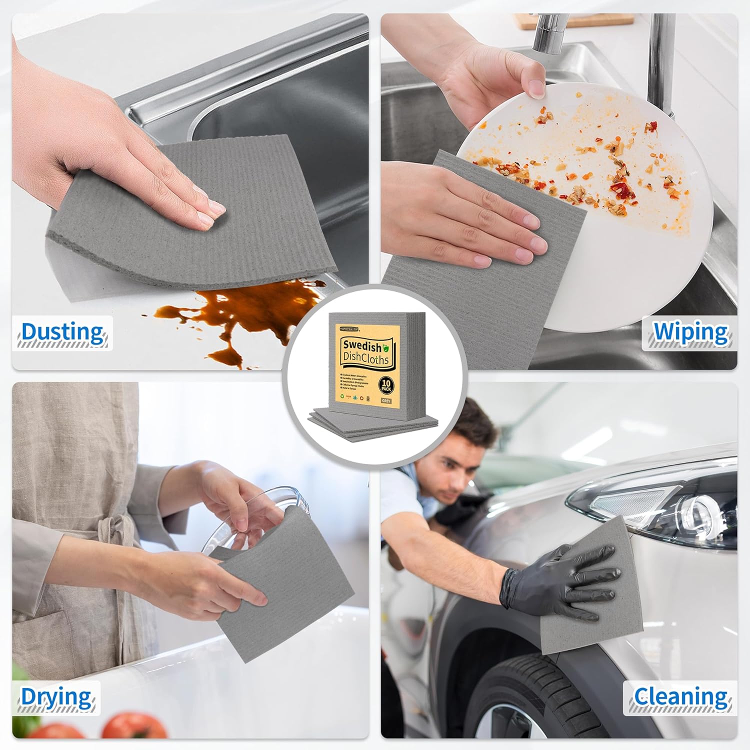 HOMERHYME Swedish Dishcloths, 10 Pack Absorbent Dish Towels for Kitchen, Multipurpose Cellulose Sponge Cloths, Reusable Washable Towels for Home & Kitchen, Grey - Image 5