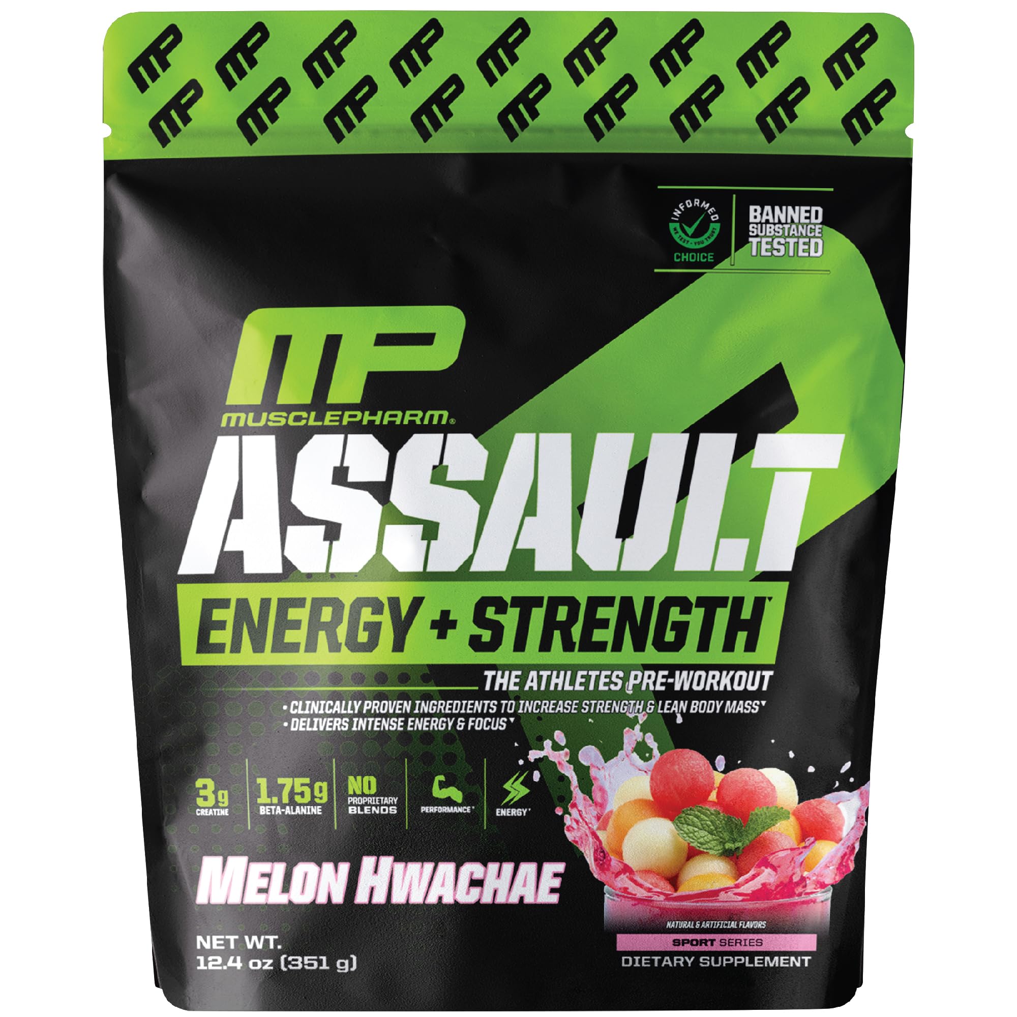 MusclePharm Assault Pre Workout Powder for Men & Women – Energy & Strength Boost Pre-Workout Supplements with Beta Alanine, Caffeine, Creatine & Betaine Anhydrous – 30 Servings, Hwachae Melon Flavor