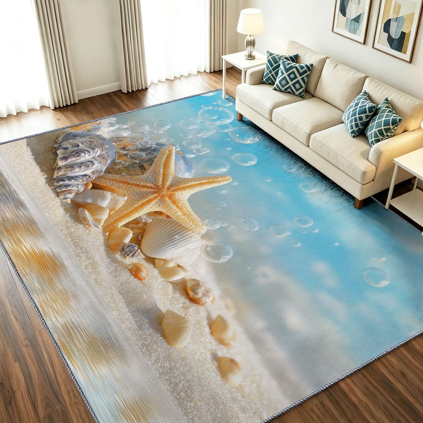 Tapis plage lavable 140 x 200 cm avec motif coquillages pour chambre