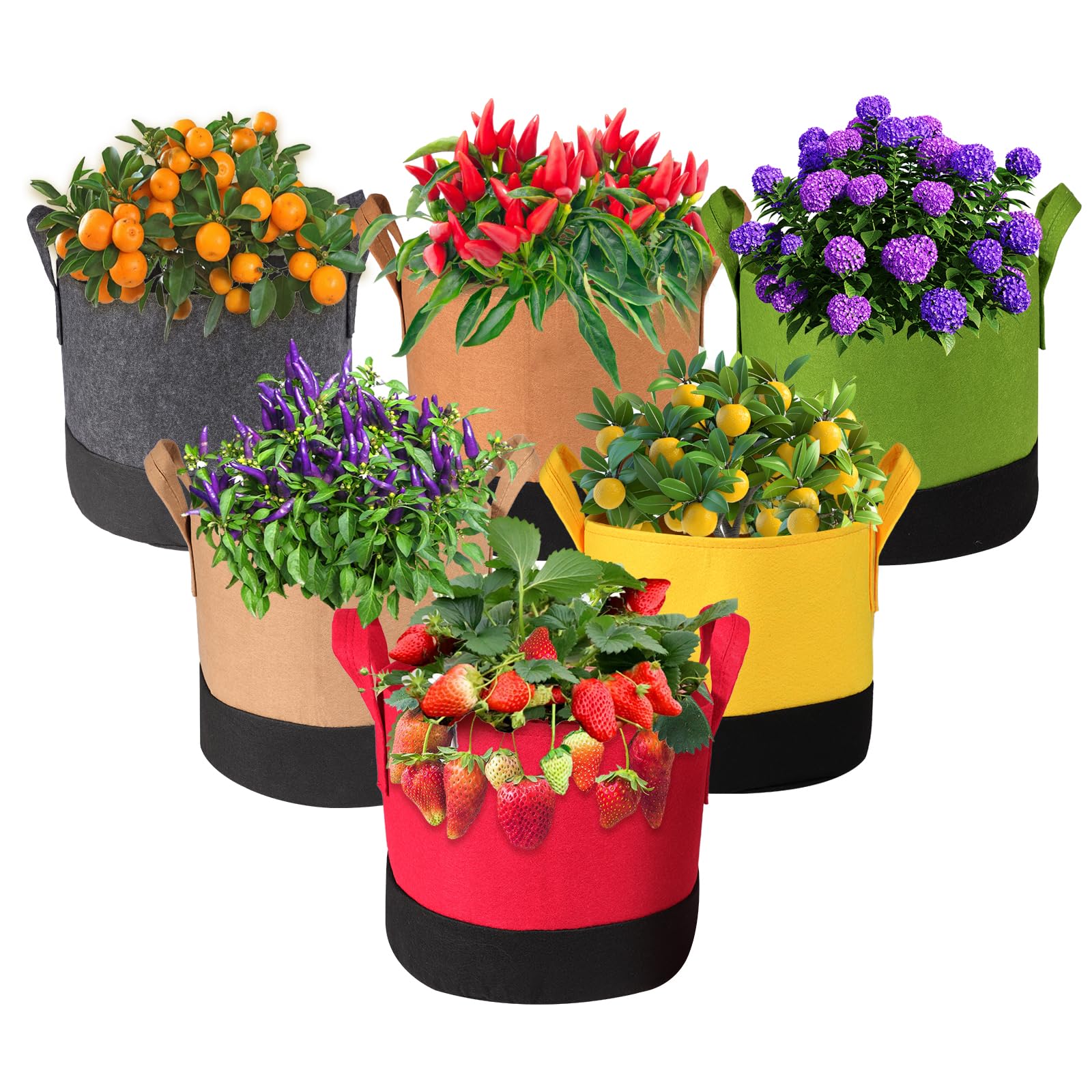Lot de 6 sacs de culture de tailles mixtes, sacs de culture pour légumes/fleurs/plantes, pots en tissu non tissé épais avec poignées, sacs de culture de 1,5 L/2,2 L/37,2 L x 2