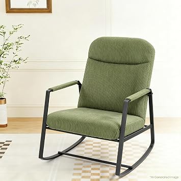 HOMEFUN Nursery Rocking Chair,Patio Rocking Chair,Upholstered Glider Rocker with Padded Seat and High Backrest Safe and Comfy Armchair for Living Room Office,Front Porch, Garden, Patio, Backyard Green